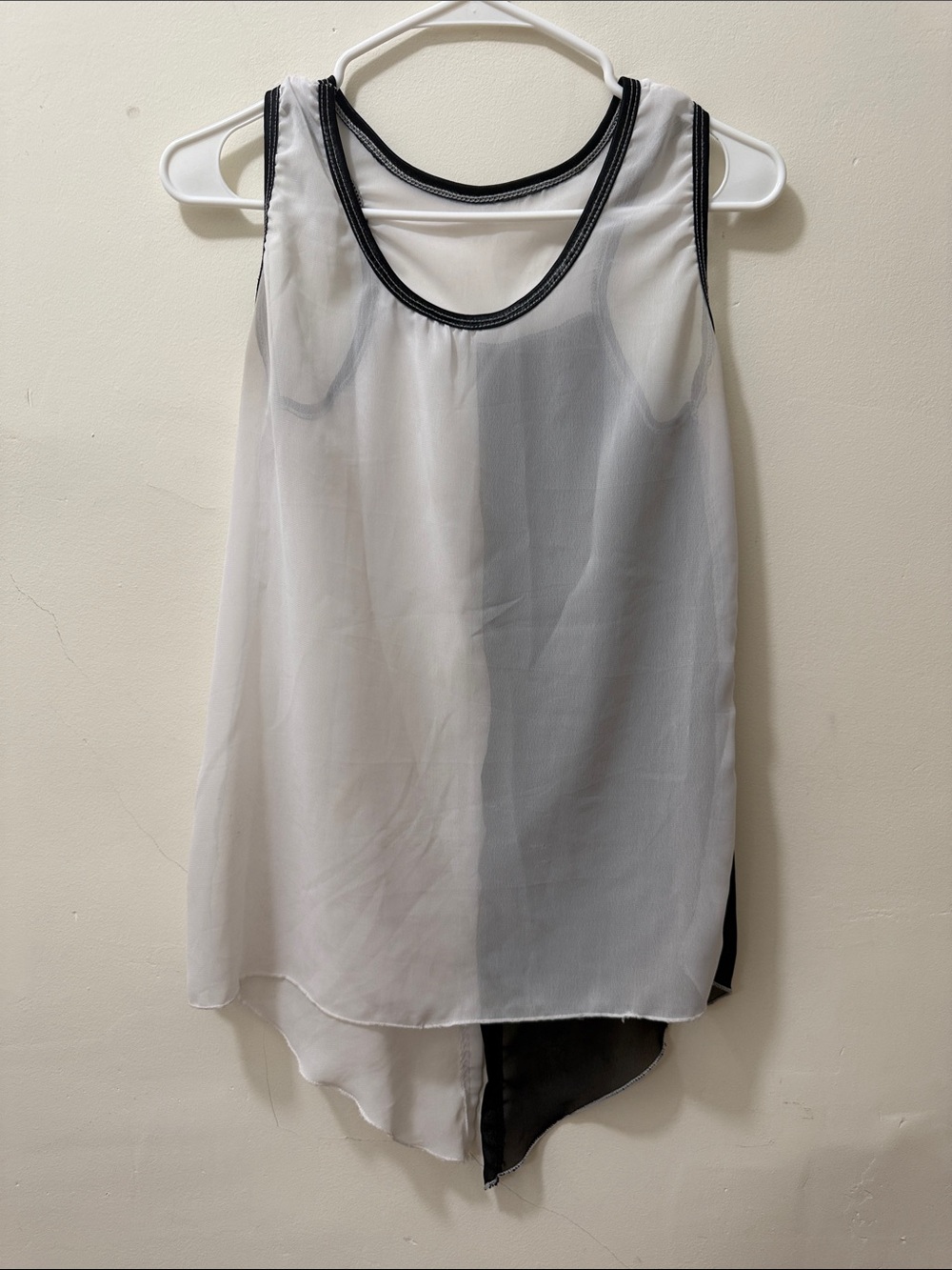 Women’s White Sleeveless Layered Chiffon Tank with Black Trim